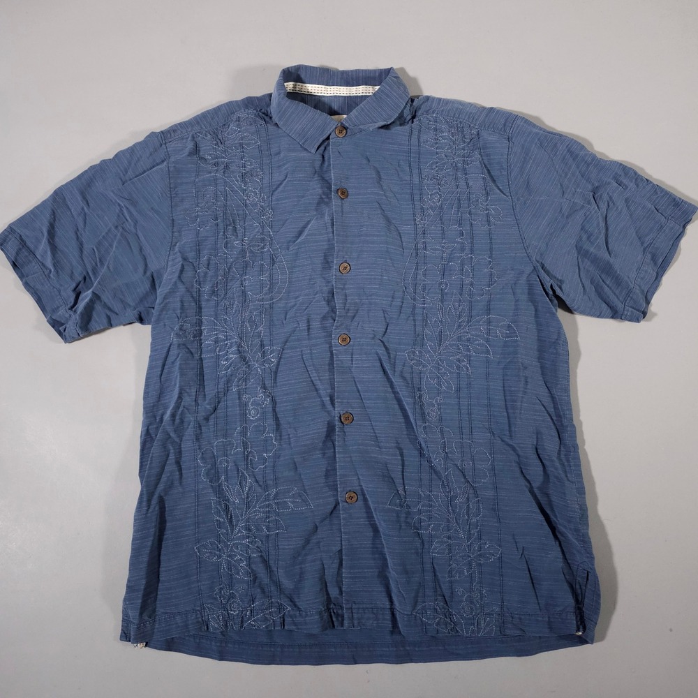 Tommy Bahama Button Down Shirt Mens Large Blue Silk Cotton Floral Embroidered